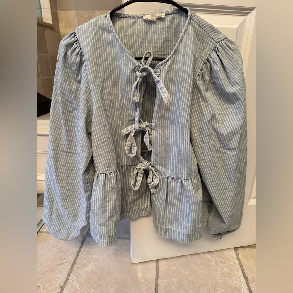Striped Blue Tie-Front Women's Top